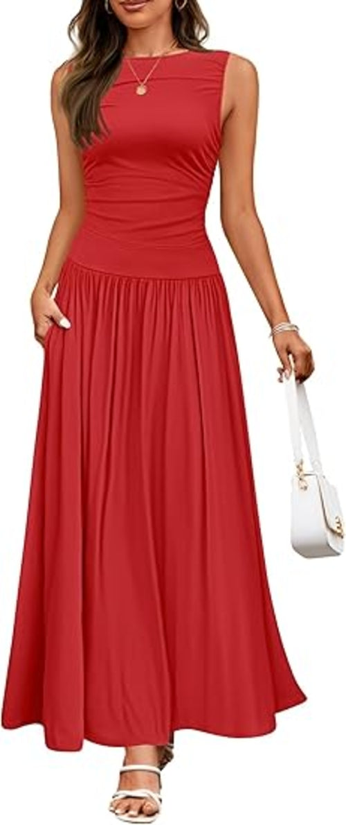 Women's Summer Sleeveless Maxi Dress Casual Round Neck Pleated Elegant