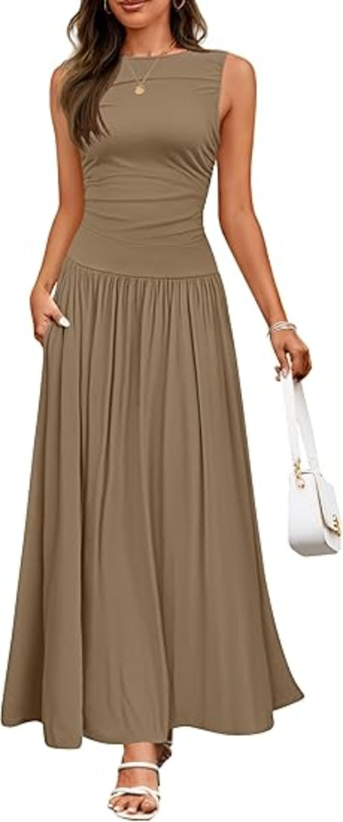 Women's Summer Sleeveless Maxi Dress Casual Round Neck Pleated Elegant
