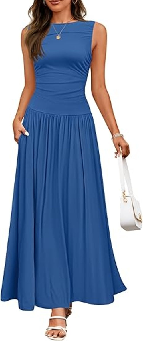 Women's Summer Sleeveless Maxi Dress Casual Round Neck Pleated Elegant