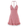 Women Clothing Summer Sexy Retro French Plaid V neck Lace Dress