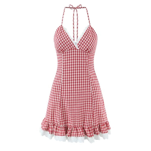 Women Clothing Summer Sexy Retro French Plaid V neck Lace Dress