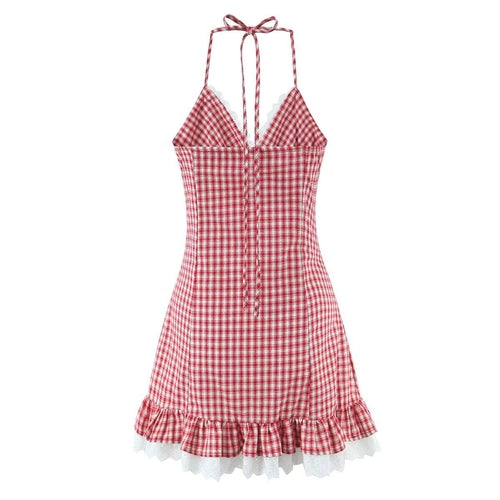 Women Clothing Summer Sexy Retro French Plaid V neck Lace Dress