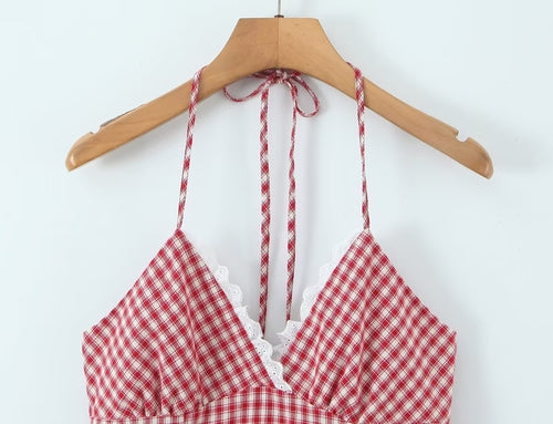 Women Clothing Summer Sexy Retro French Plaid V neck Lace Dress