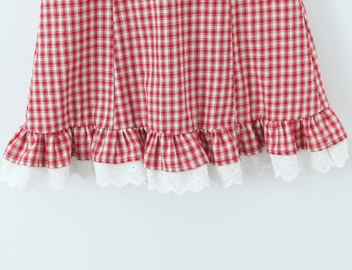 Women Clothing Summer Sexy Retro French Plaid V neck Lace Dress