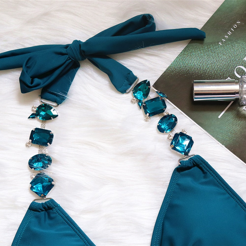 2022 European and American Sexy Bikini Plain Women's Split Strap Luxury Diamond Swimsuit Metal Chain Accessories Swimsuit