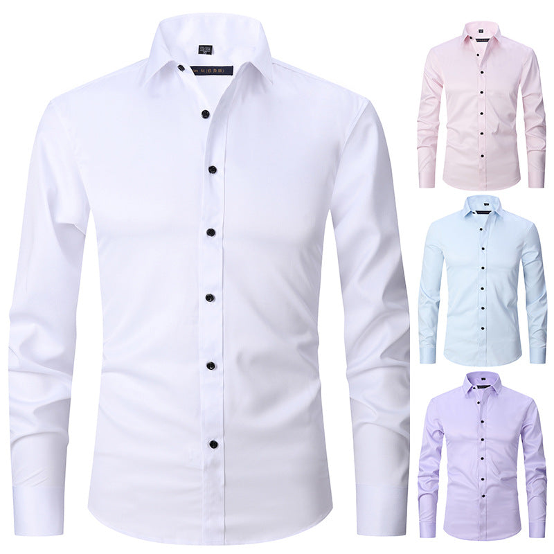 Solid Color Amazon Stretchy Plus-Size Men's Long-Sleeve Shirt, Men's Fashion Shirt, Slim Fit Outerwear
