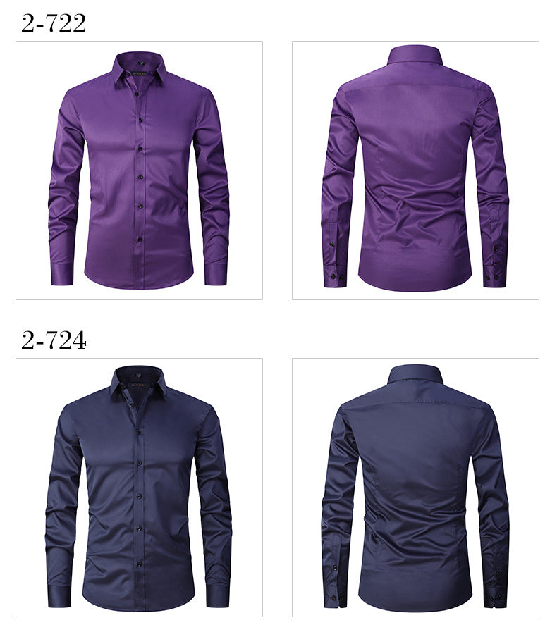Solid Color Amazon Stretchy Plus-Size Men's Long-Sleeve Shirt, Men's Fashion Shirt, Slim Fit Outerwear