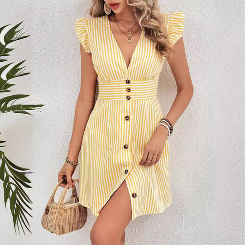 Summer V-neck Single-breasted Fly-sleeve Women's Shirt Dresses With