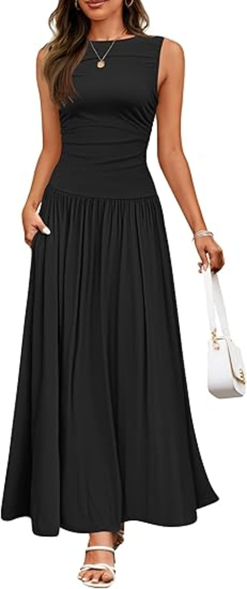 Women's Summer Sleeveless Maxi Dress Casual Round Neck Pleated Elegant
