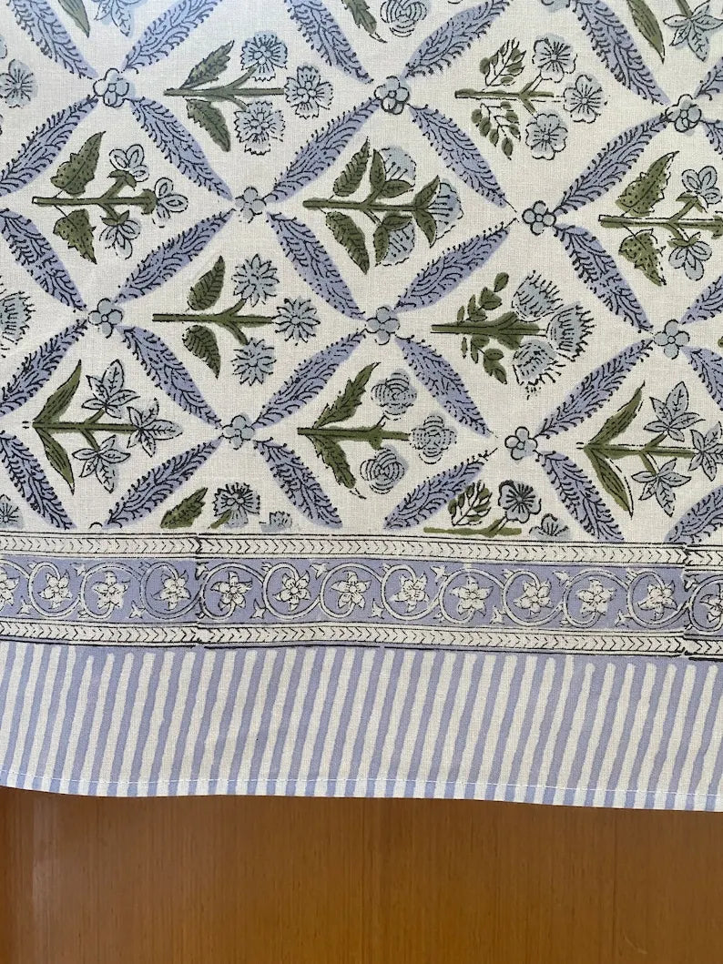 Coastal Blue Hand Block Printed Cotton Modern Tablecloth Dining Table Cover Custom Sizes Party Wedding Home Baby Shower Gift