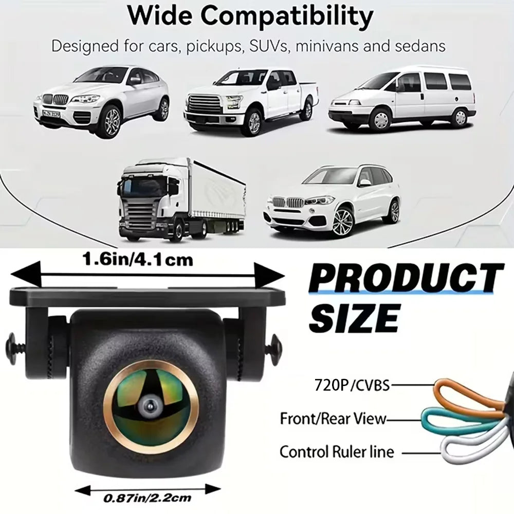 720P AHD Car Backup Camera with Wide-Angle Fisheye Lens-Night Vision, Front/Rear/Side Monitoring, Easy Installation