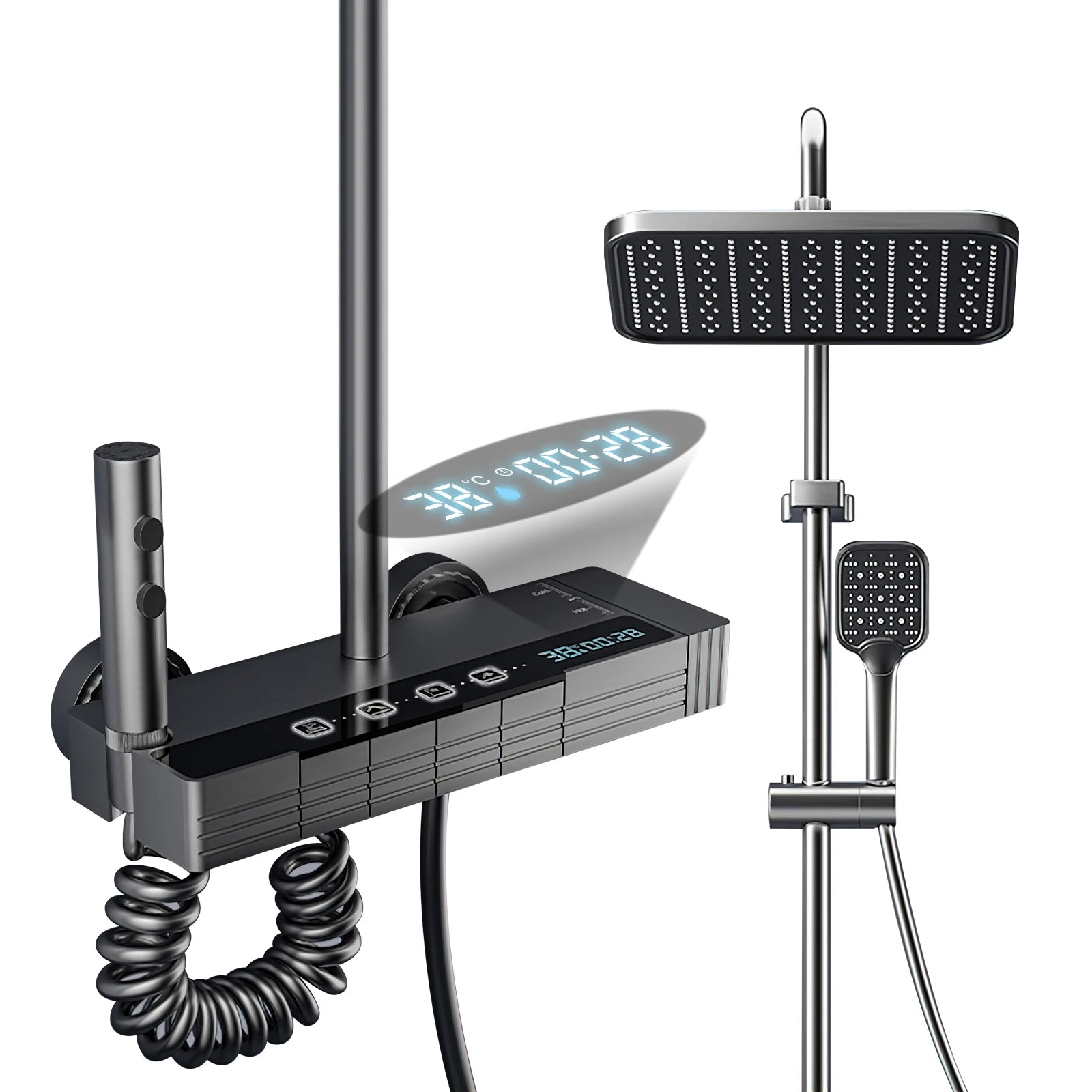 Gray Piano Keys Bathroom Shower Faucet Set Multiple Water Spray Modes Shower System With 4 types Function Digital Display