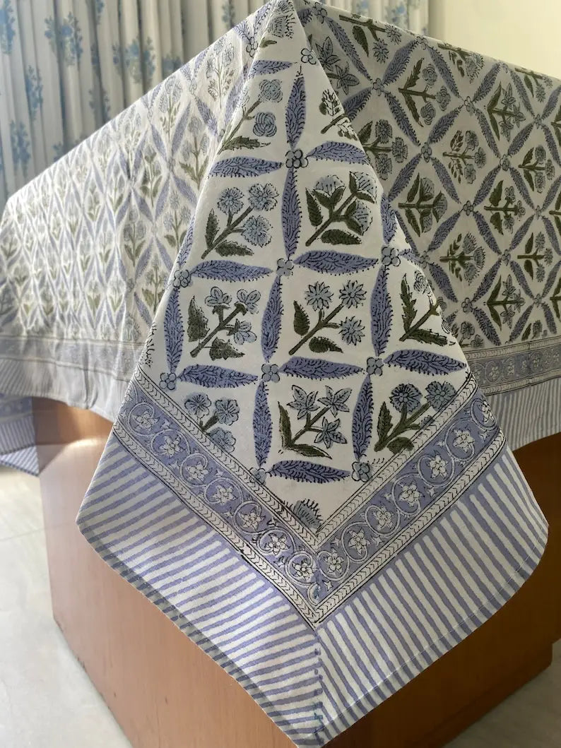 Coastal Blue Hand Block Printed Cotton Modern Tablecloth Dining Table Cover Custom Sizes Party Wedding Home Baby Shower Gift