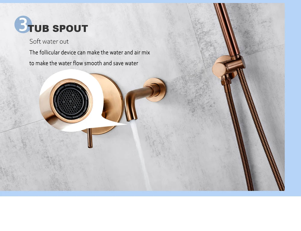 Bathroom Shower Faucet Brushed Rose Gold Smesiteli Brass 3 Way Diverter Valve Kit Hot & Cold Mixer Tap Tub Spout Hand Spray