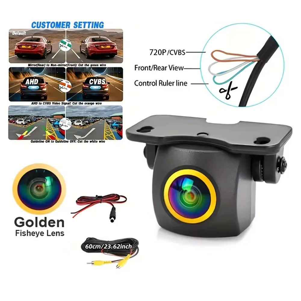 720P AHD Car Backup Camera with Wide-Angle Fisheye Lens-Night Vision, Front/Rear/Side Monitoring, Easy Installation