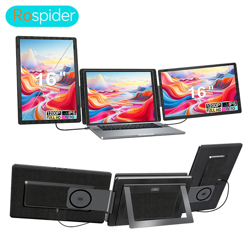 Rospider 16 Inch Portable Dual Screen Laptop Monitor Extender 1200P 2560P Rotatable Triple Display for Laptop MacBook Windows