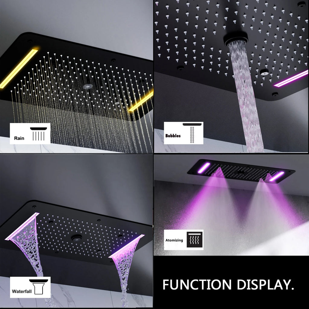 Matte Black Shower System 70X38 CM LED  Bathroom Thermostatic Multifunction Shower Set With Handheld