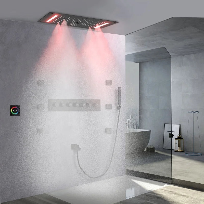 Matte Black Shower System 70X38 CM LED  Bathroom Thermostatic Multifunction Shower Set With Handheld
