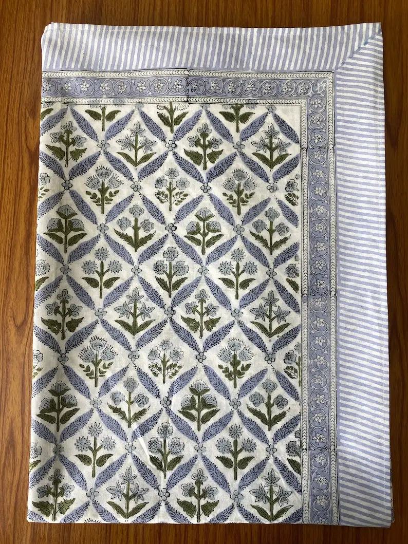 Coastal Blue Hand Block Printed Cotton Modern Tablecloth Dining Table Cover Custom Sizes Party Wedding Home Baby Shower Gift