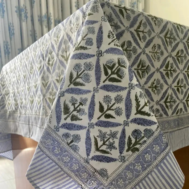 Coastal Blue Hand Block Printed Cotton Modern Tablecloth Dining Table Cover Custom Sizes Party Wedding Home Baby Shower Gift
