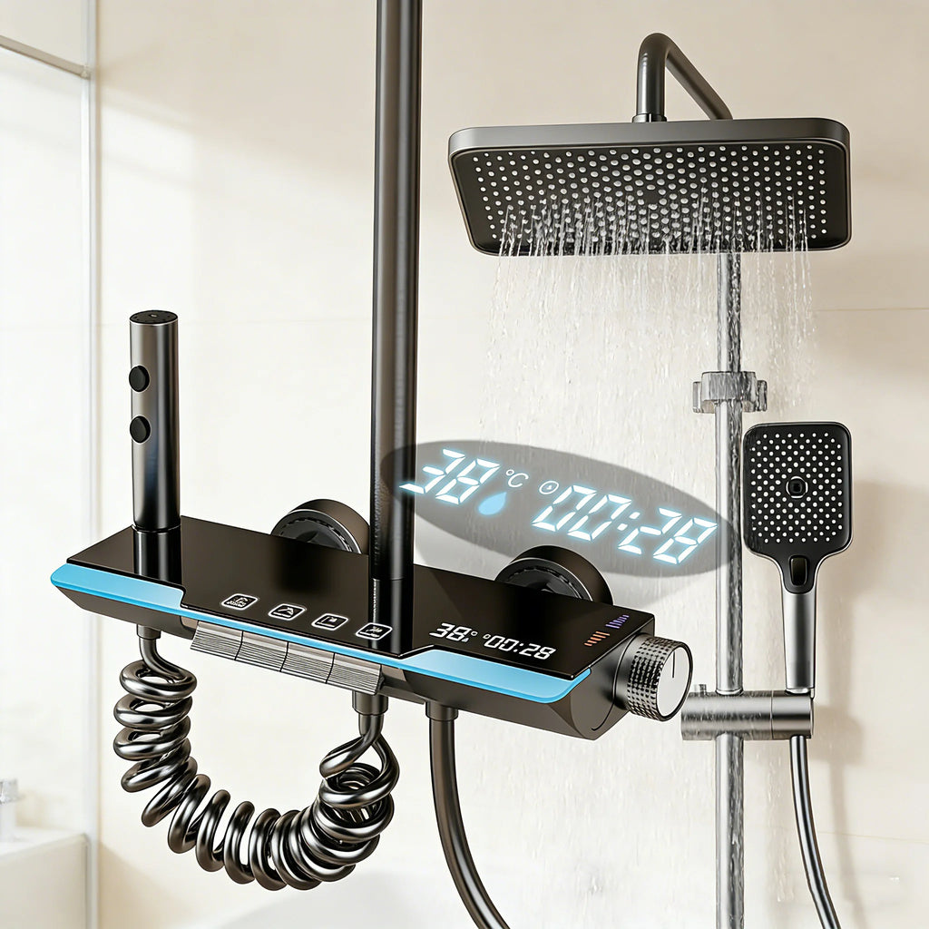 Gray Piano Keys Bathroom Shower Faucet Set Multiple Water Spray Modes Shower System With 4 types Function Digital Display