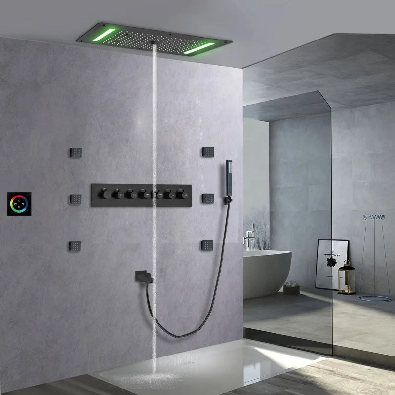 Matte Black Shower System 70X38 CM LED  Bathroom Thermostatic Multifunction Shower Set With Handheld