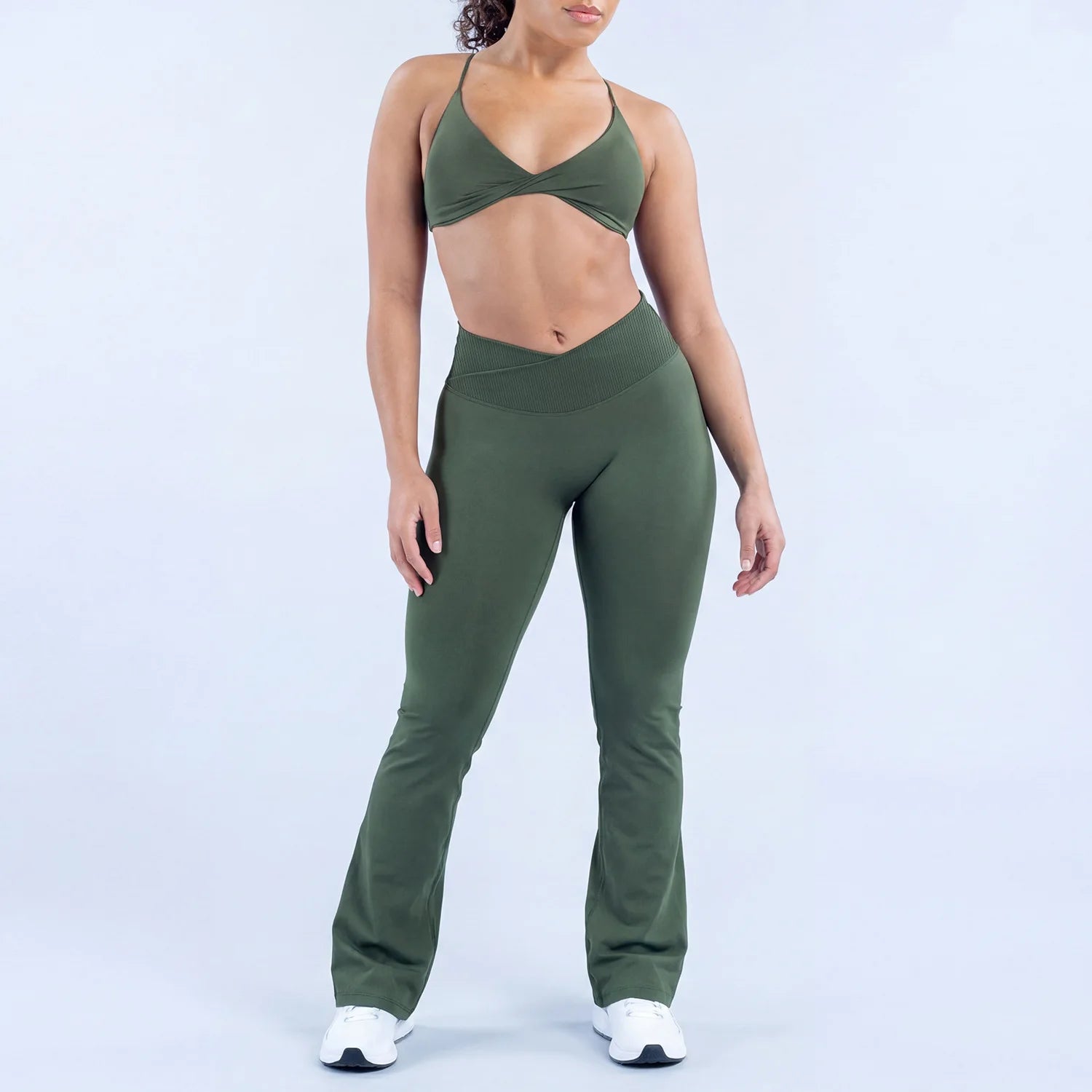 LOG0 Women Yoga Set Twist Front Sports Bra V Waist Flare Pants Seamless Gym Workout Fitness Activewear Sportswear 2 Piece Set