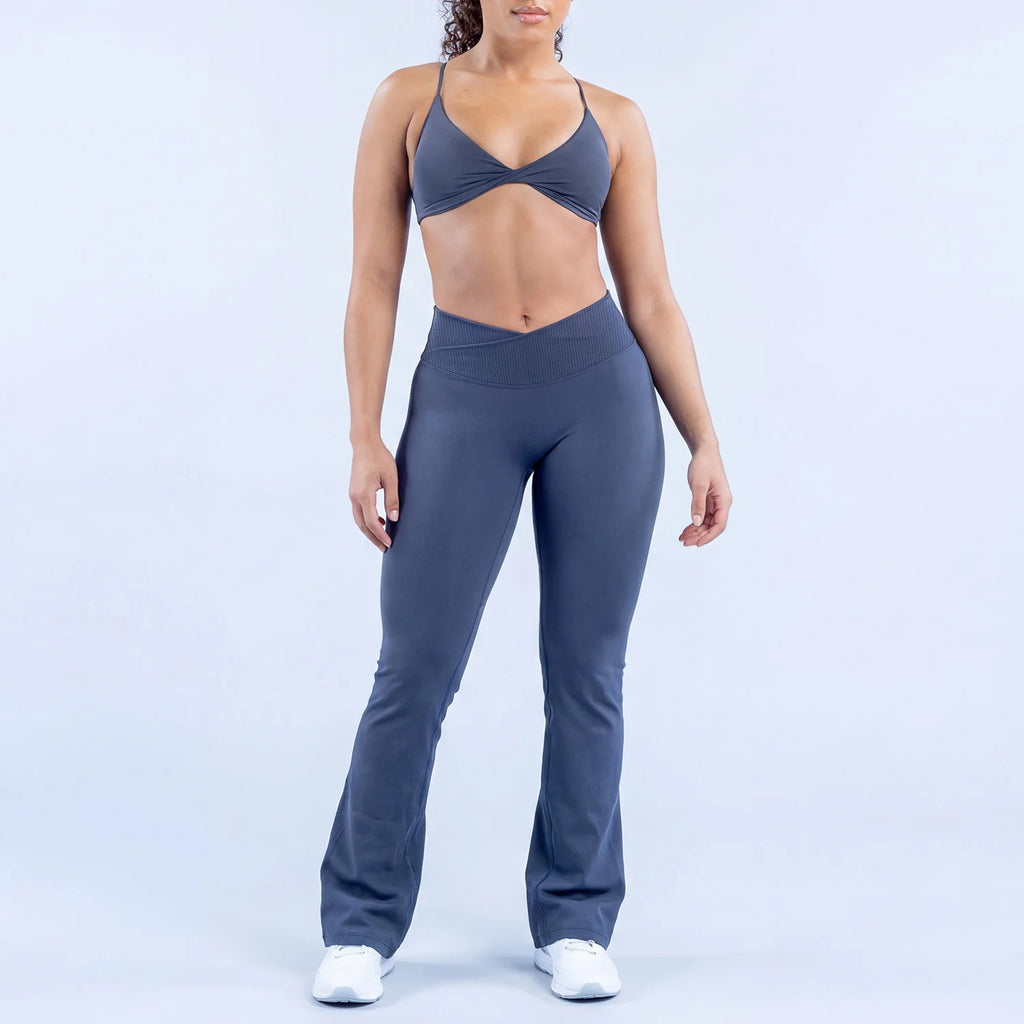 LOG0 Women Yoga Set Twist Front Sports Bra V Waist Flare Pants Seamless Gym Workout Fitness Activewear Sportswear 2 Piece Set