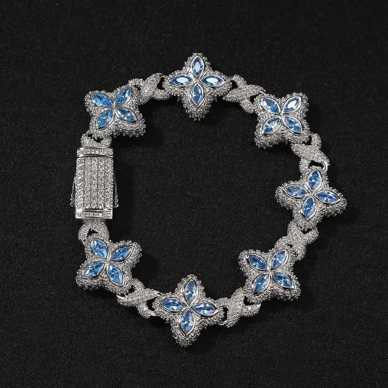 Elegant Blue Gemstone Flower Bracelet With Marquise Cut Stones Moissanite Diamond Pave Links And Luxury Iced Out Box Clasp