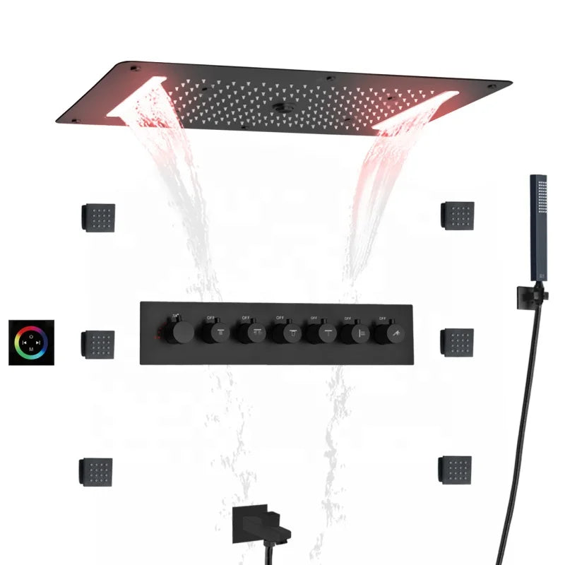 Matte Black Shower System 70X38 CM LED  Bathroom Thermostatic Multifunction Shower Set With Handheld