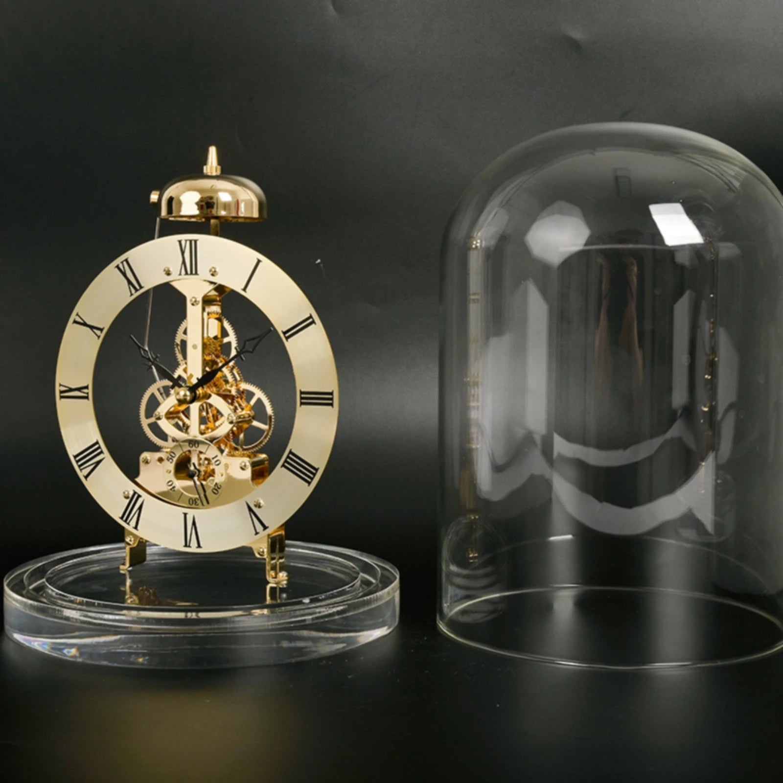 Clock with Glass Dome Mechanical-Style Quartz Skeleton Clock Retro Chiming for Collectors Living Room Home Office Decoration