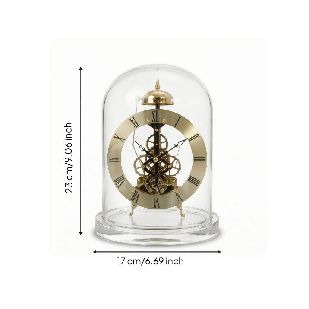 Clock with Glass Dome Mechanical-Style Quartz Skeleton Clock Retro Chiming for Collectors Living Room Home Office Decoration