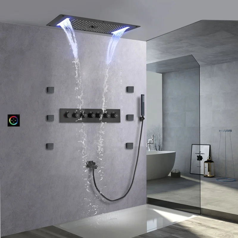 Matte Black Shower System 70X38 CM LED  Bathroom Thermostatic Multifunction Shower Set With Handheld