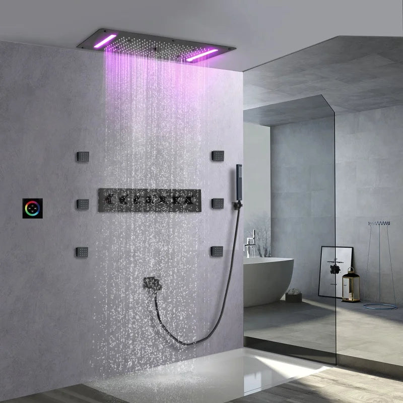 Matte Black Shower System 70X38 CM LED  Bathroom Thermostatic Multifunction Shower Set With Handheld