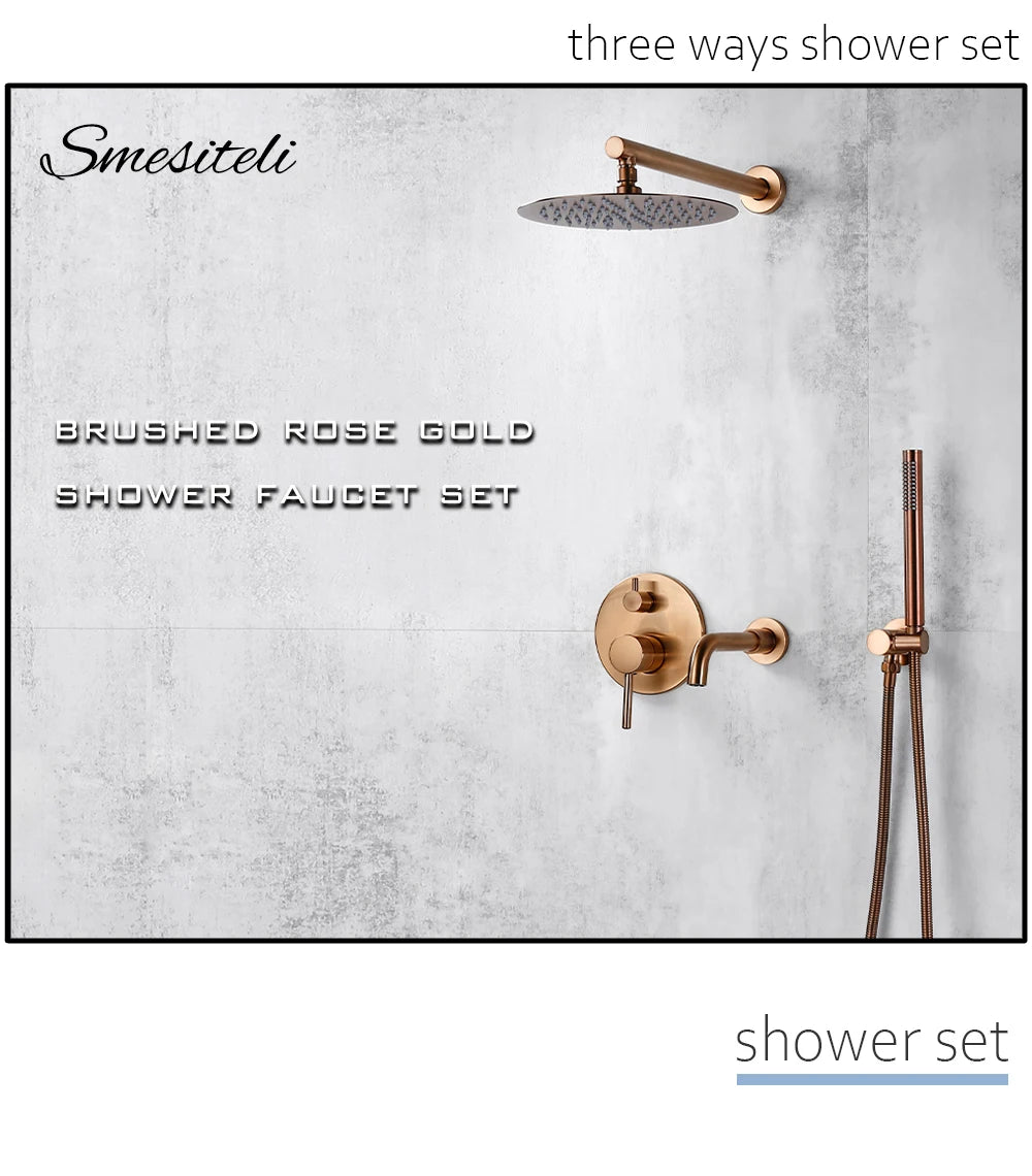Bathroom Shower Faucet Brushed Rose Gold Smesiteli Brass 3 Way Diverter Valve Kit Hot & Cold Mixer Tap Tub Spout Hand Spray