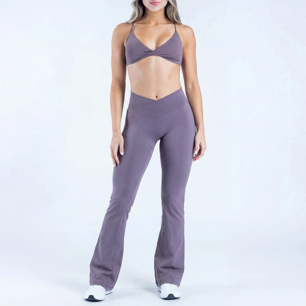 LOG0 Women Yoga Set Twist Front Sports Bra V Waist Flare Pants Seamless Gym Workout Fitness Activewear Sportswear 2 Piece Set