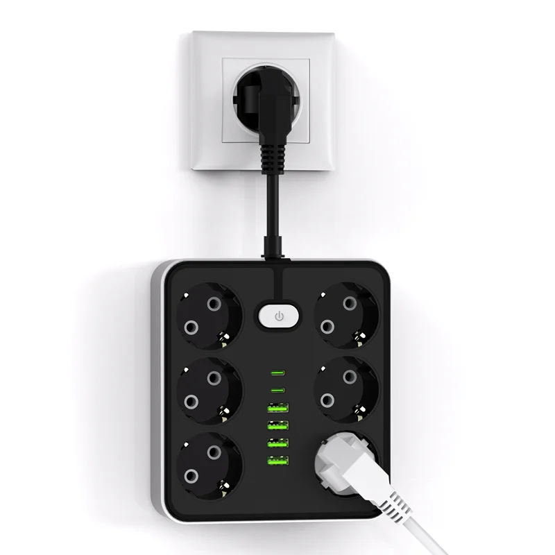 Wall Socket Extender with 6 AC Outlets 4 USB Ports 2 Type-C EU Plug Charger Electrical Switch For Home Power Strip Socket