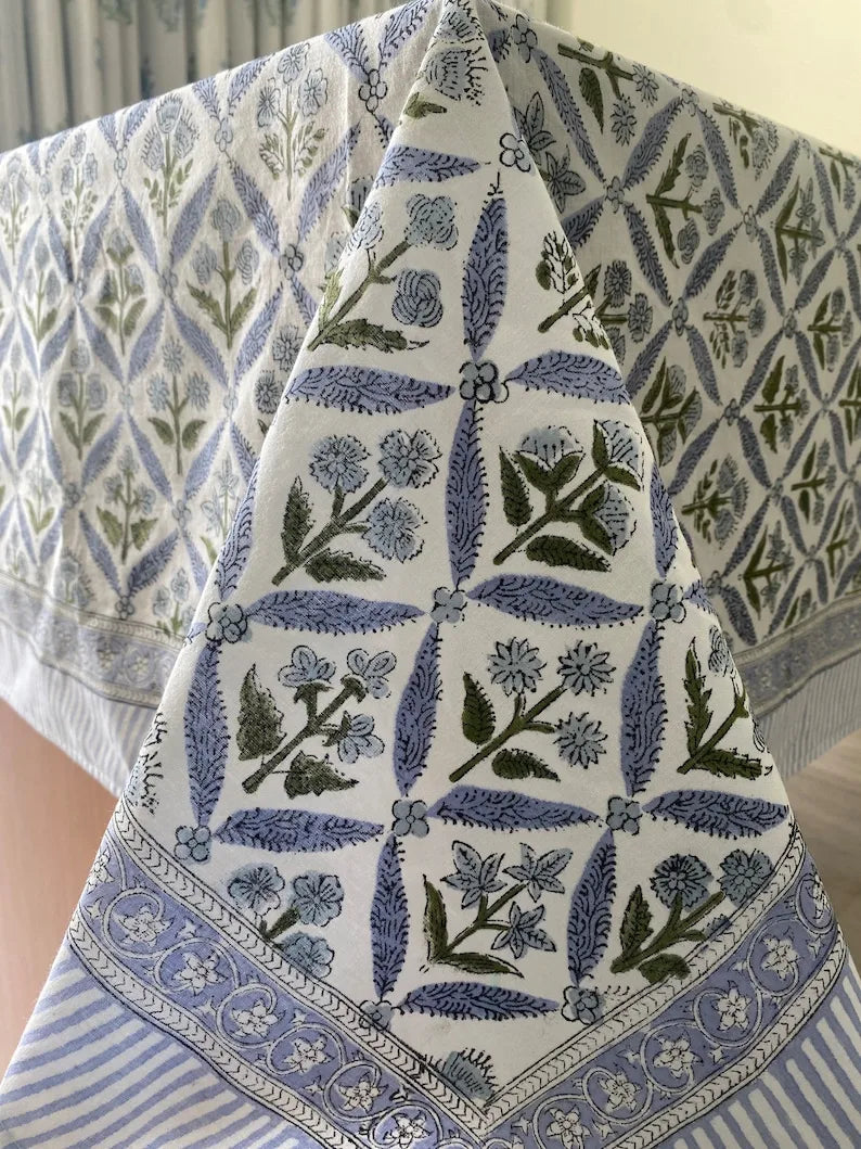 Coastal Blue Hand Block Printed Cotton Modern Tablecloth Dining Table Cover Custom Sizes Party Wedding Home Baby Shower Gift