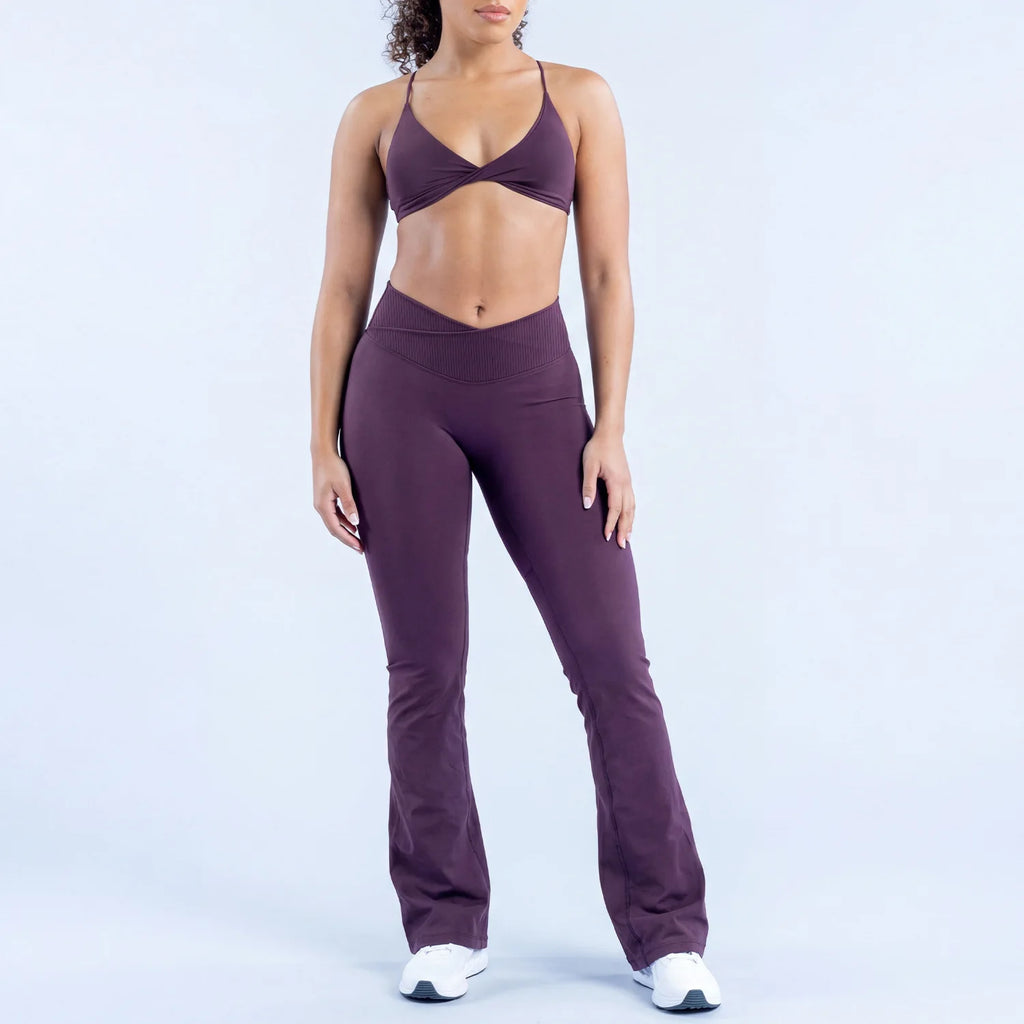 LOG0 Women Yoga Set Twist Front Sports Bra V Waist Flare Pants Seamless Gym Workout Fitness Activewear Sportswear 2 Piece Set