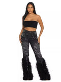 BR4580 New All-Match High Waist Distressed Pearl Embellished Feather Jeans Women