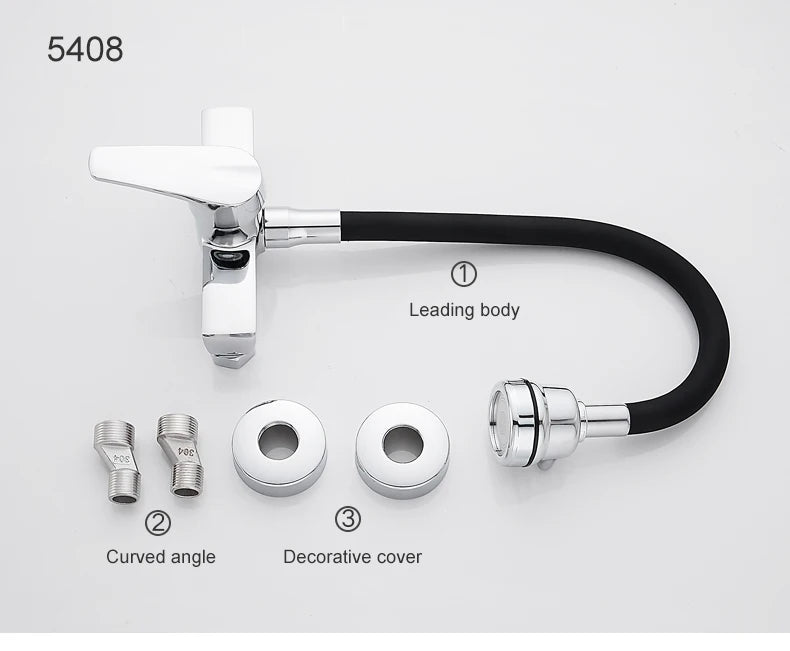 ELLEN Wall Mount Kitchen Sink Faucet Hot Cold Sink Water Mixer Tap 2 Holes Black Faucets 360 Degree Swivel ELK5400
