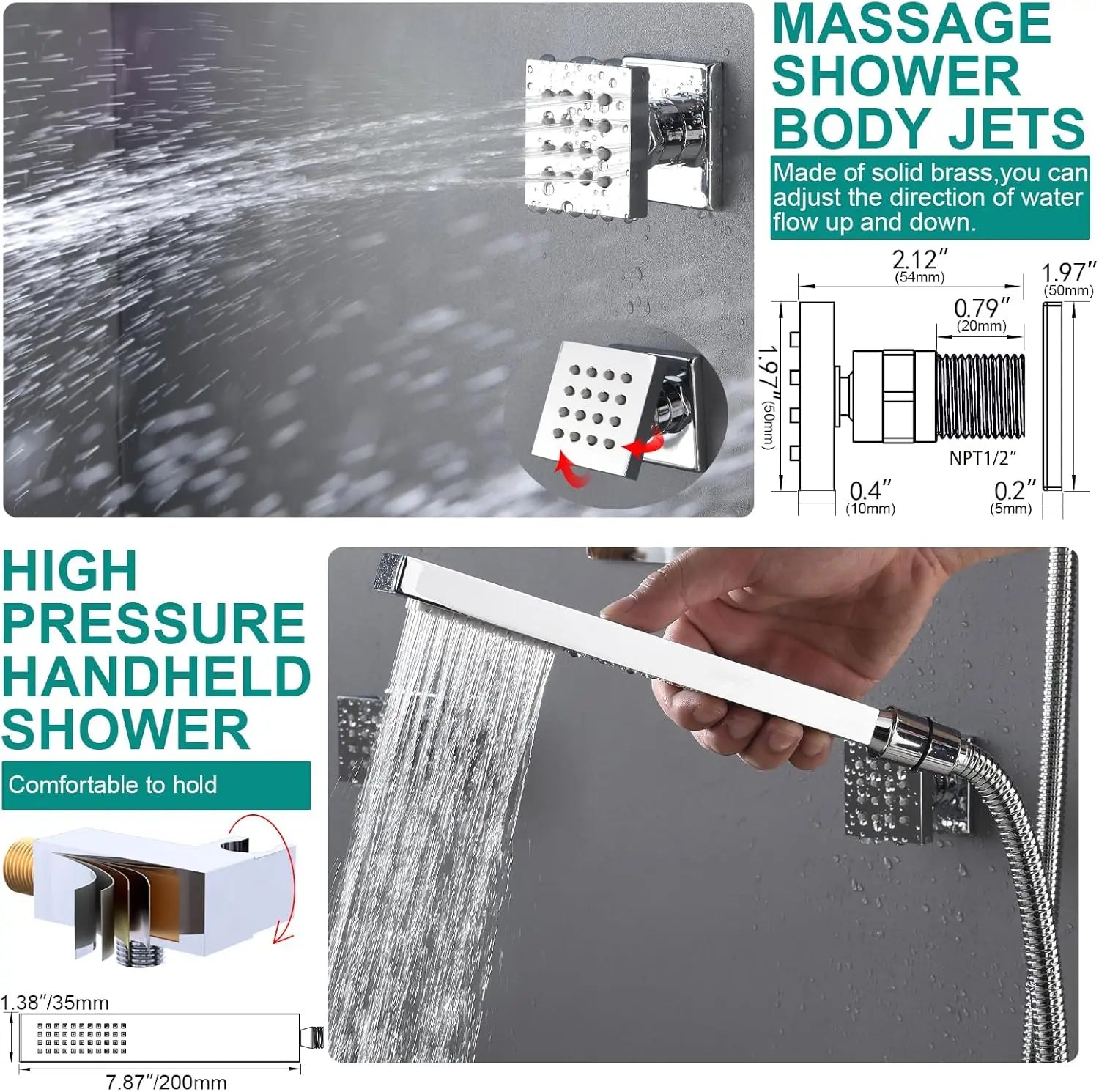Dual Shower System 15.7x31.5" Rainfall Chrome Rain Shower Handheld Brass 6" Shower Heads Featuring 6pcs Body Jets Soft Spray