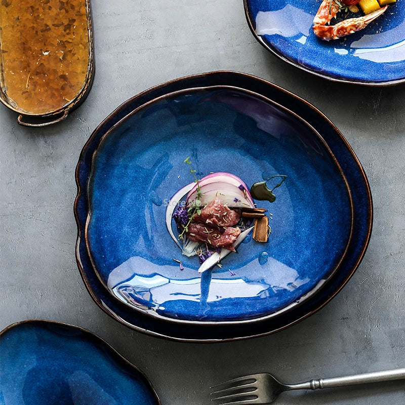 Ceramic Plate Irregular Dish Tableware Series Western Food Plate European Blue Color Glaze Salad Bowl Main Dish Kitchen Supplies