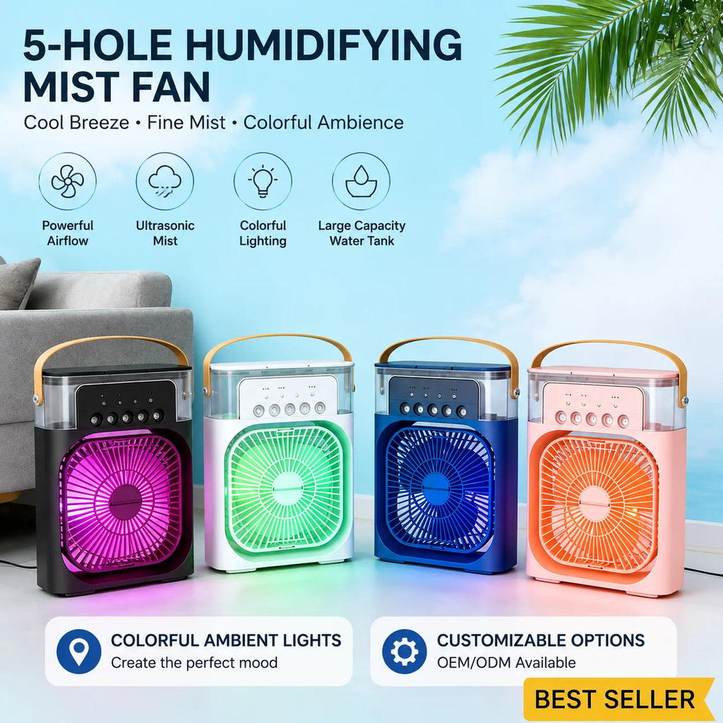 5 Holes Mist Humidifier Fan 3-Speed Adjustable 180 Wide-Angle Swing Timer LED Light Portable USB Rechargeable 1L Waterproof