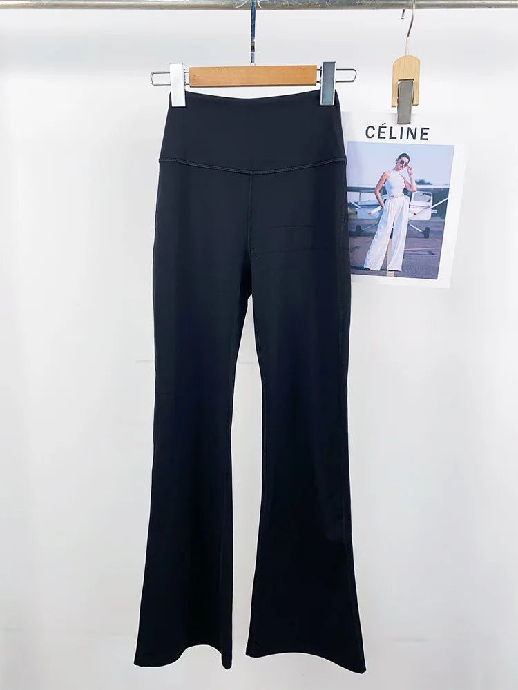 Solid Flared Yoga Sports Fitness Pants Spandex/Nylon High Waist Elastic Slimming Wide Leg Full Length Tummy Control Hip Lifting