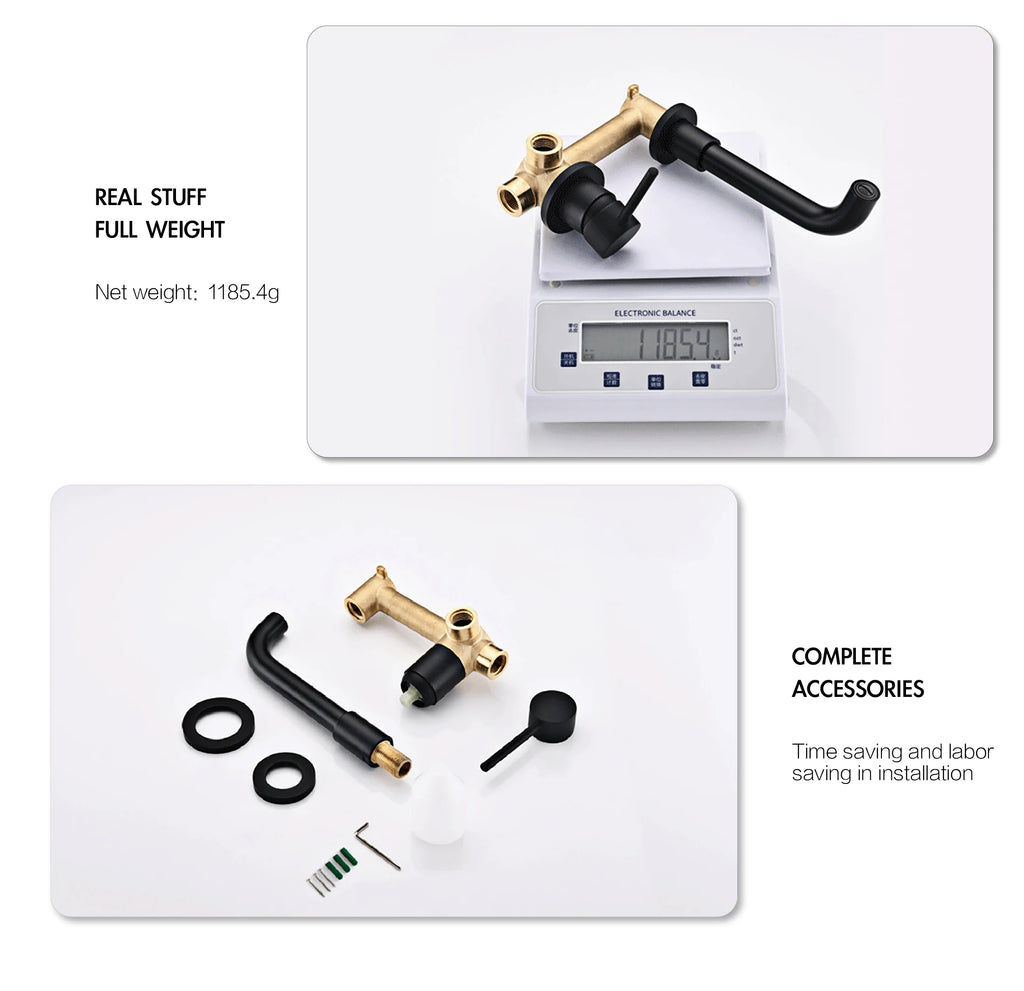 Modern Wall-Mounted Black Brass Bathroom Faucet with Concealed Design 2-Hole Single Handle Cold and Hot Dual-Control Basin Tap