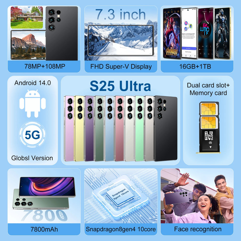 Best Price Galax S25 Ultra Android Smartphone 7.3 Inch HD LED 144Hz Screen 16G+1TB Storage Original Cell Phones Mobile Phones