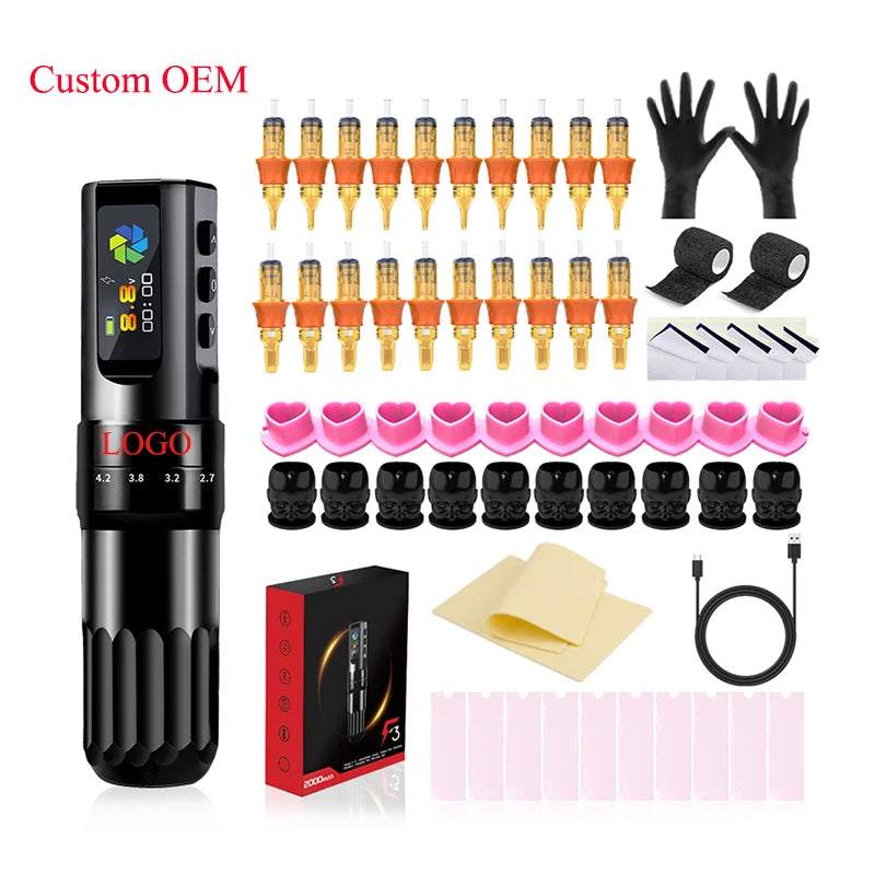 Color Screen Stroke Battery Rotary Tattoo Machine Wireless Tattoo Pen Machine Kit with Cartridge and Practice skin for Body Art