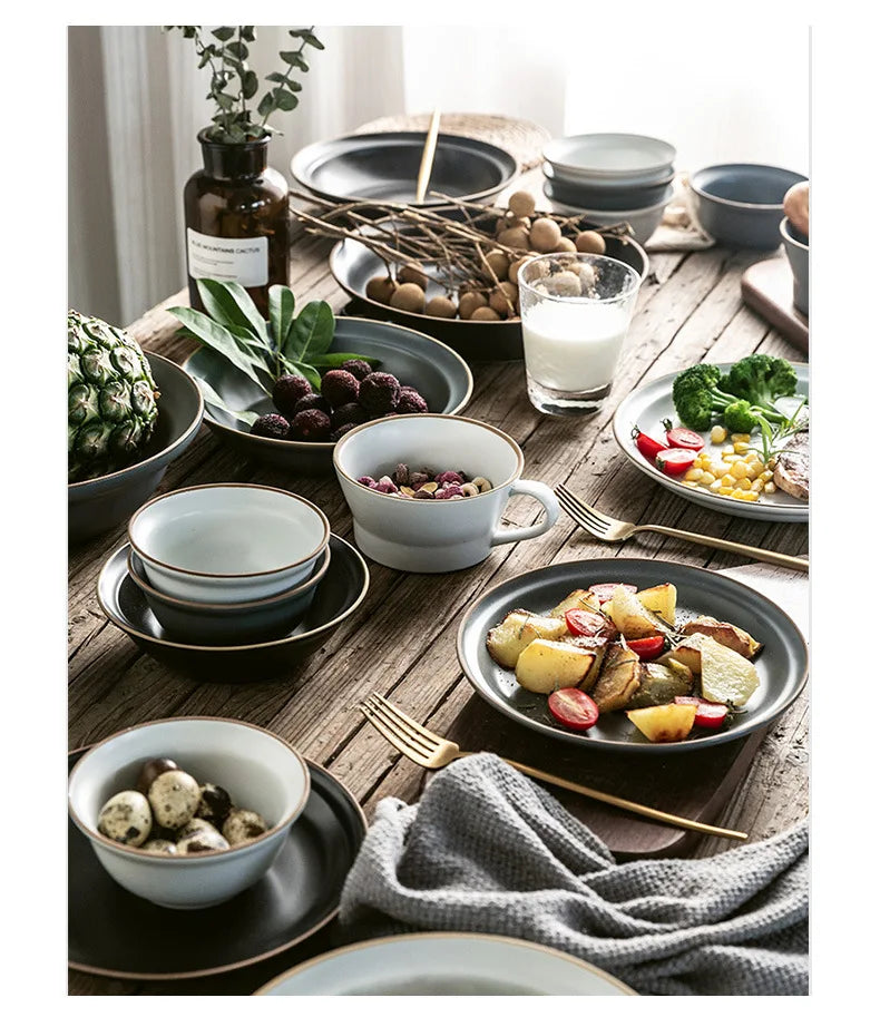 LingAo-Nordic Style Ceramic Household Bowl, Plate, Dish, Chopsticks, Tableware Combination Set