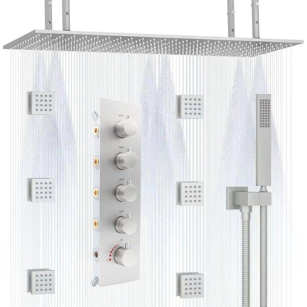 3-Function Thermostatic Rainfall Shower System Soft/Jet Ceramic Brass Wall Mount Shower Faucet Combo Slide Bar Brushed Nickel